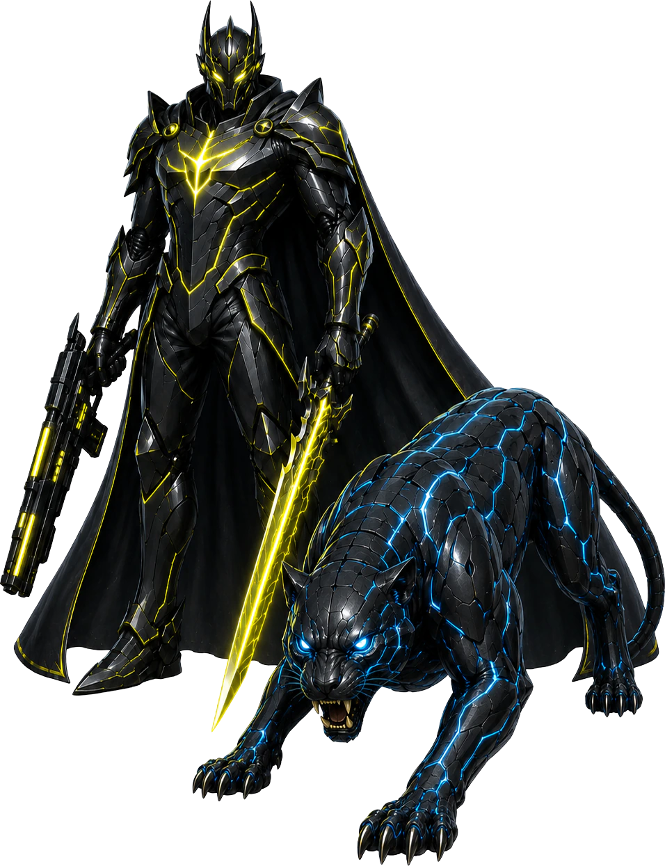 HeroRise armored hero standing with a panther companion